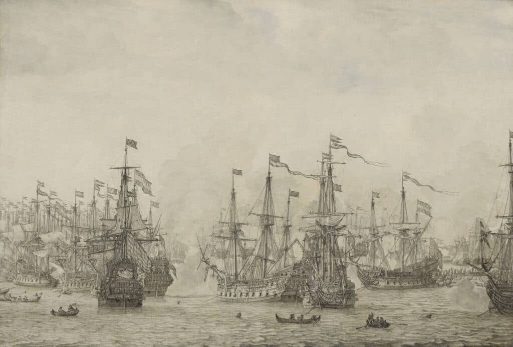 19961513 Lst M, Gevecht Tussen De Retourvloot Van Pieter De Bitter En Een Engels Eskader In De Haven Van Bergen In Noorwegen, Willem Van De Velde De Oude, 1666 1668 Gevecht Tussen De Retourvloot Van Pieter De Bitter En Een Engels Eskader In De Haven Van Bergen In Noorwegen, Willem Van De Velde De Oude, 1666 1668