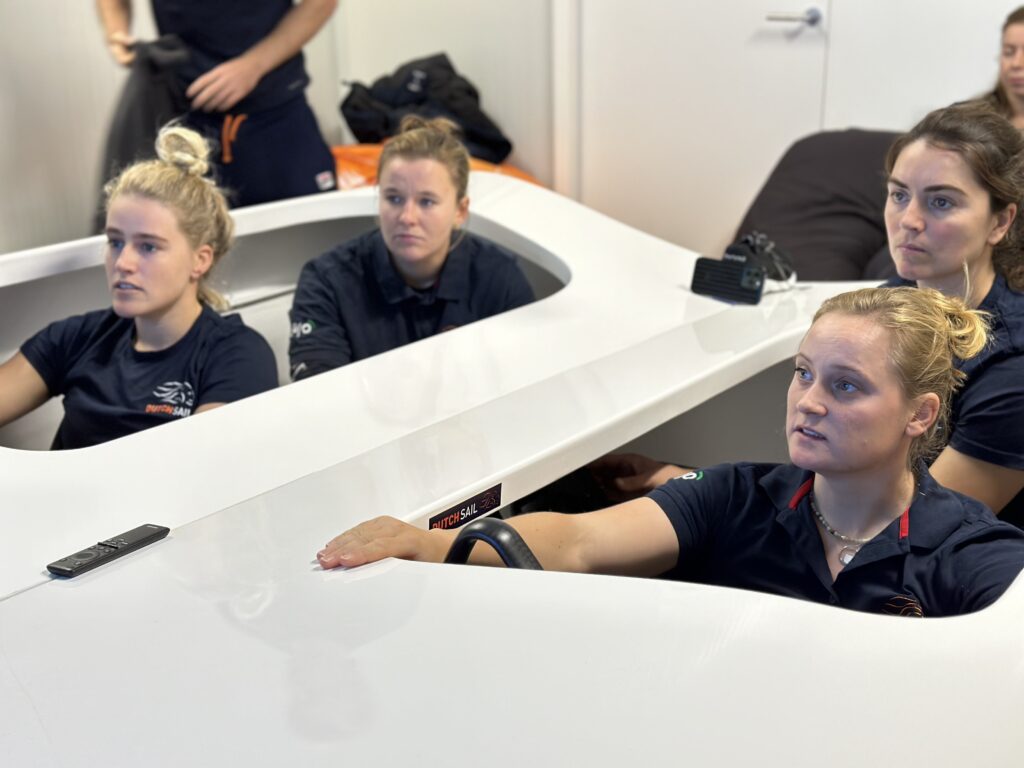 Van links naar rechts met de klok mee: Van Aanholt, Usman, Duetz en Offerman in de simulator.