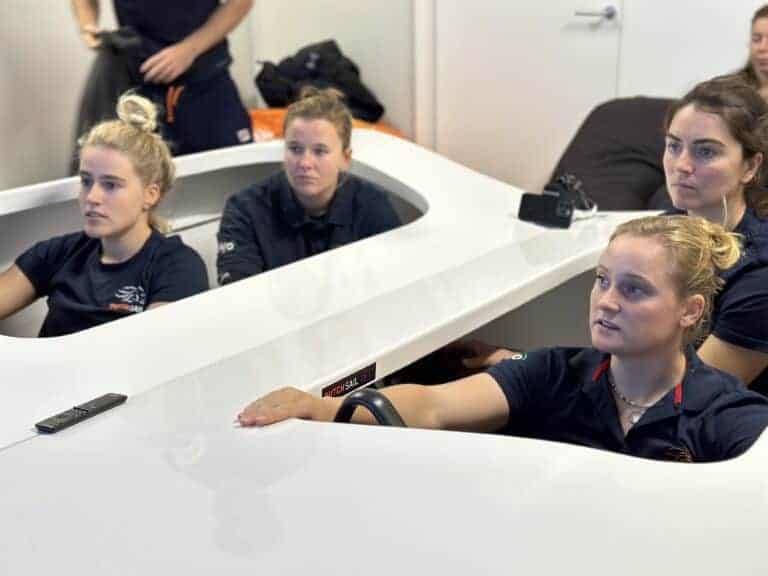 Van links naar rechts met de klok mee: Van Aanholt, Usman, Duetz en Offerman in de simulator.