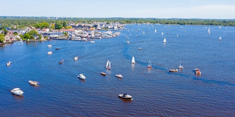 Aerial from the Loosdrechtse plassen in the Netherlands on a summer day