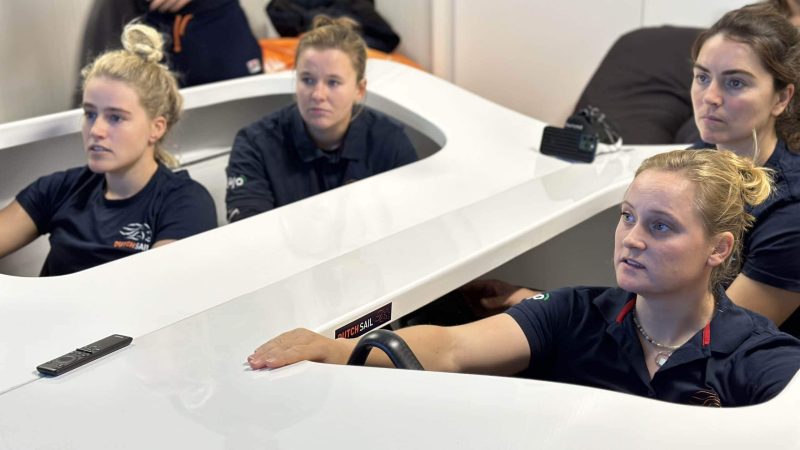 Van links naar rechts met de klok mee: Van Aanholt, Usman, Duetz en Offerman in de simulator.