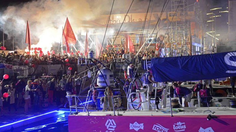 January 27, 2015. Team SCA 45 arrives in Sanya in sixth place after 23 days of sailing to a welcoming crowd in the Volvo Ocean Race Village.