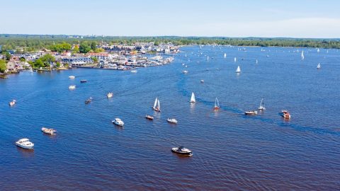 Aerial from the Loosdrechtse plassen in the Netherlands on a summer day