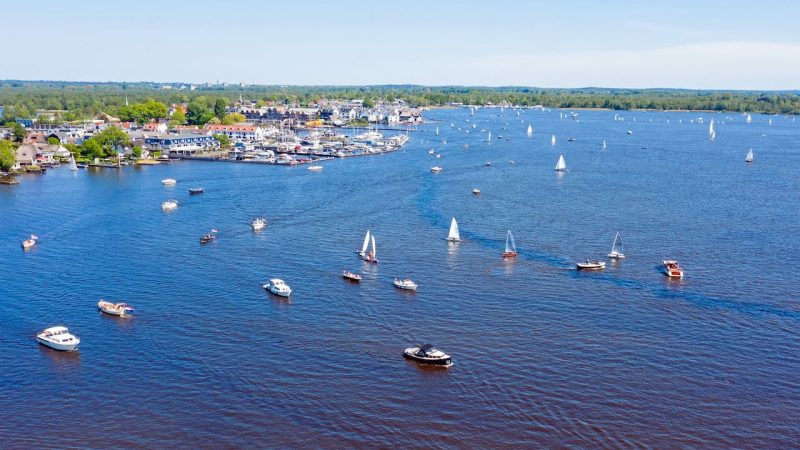 Aerial from the Loosdrechtse plassen in the Netherlands on a summer day
